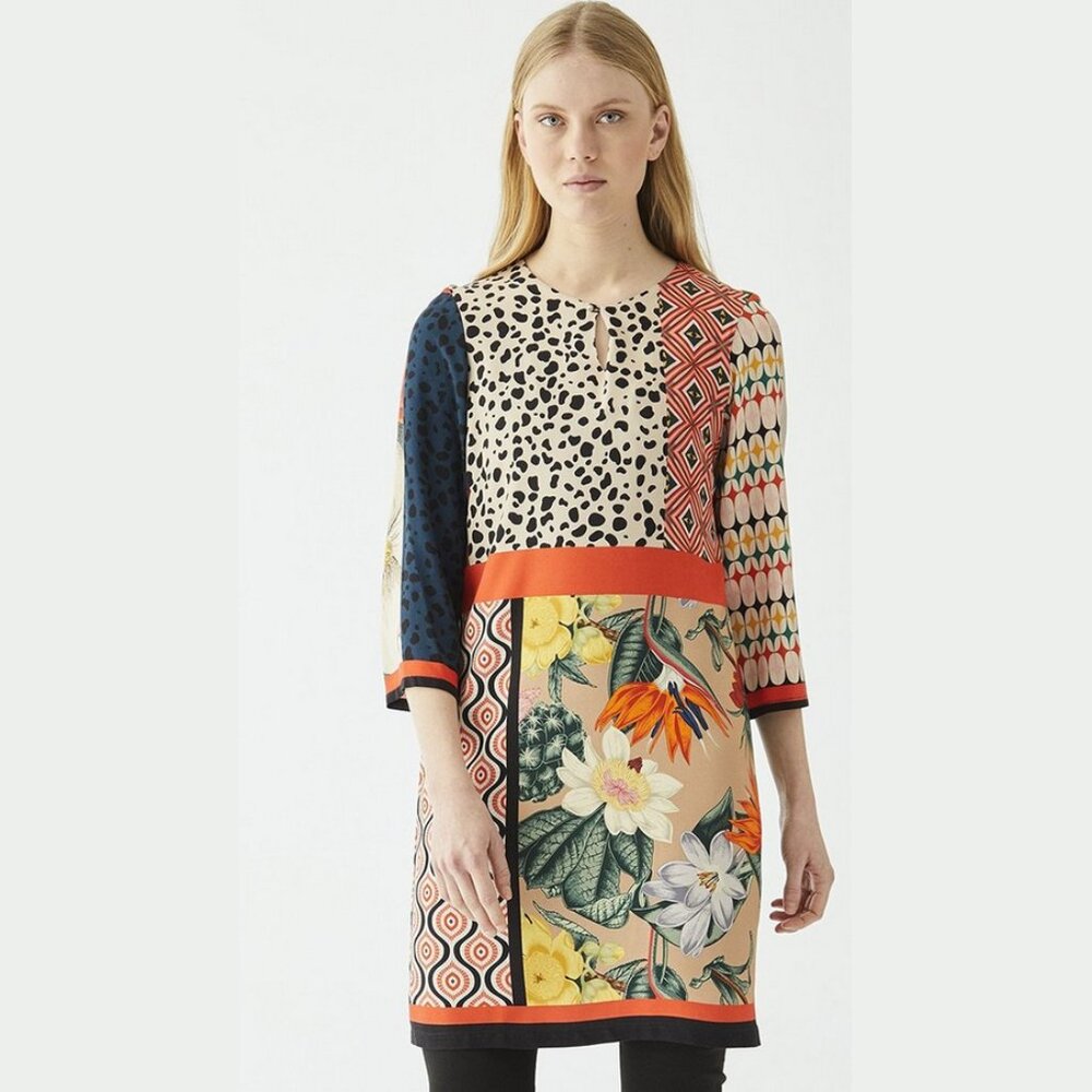 Vilagallo Tesa Patchwork Bohemian Dress Boho Mod 60s Multi Sheath Midi Dress